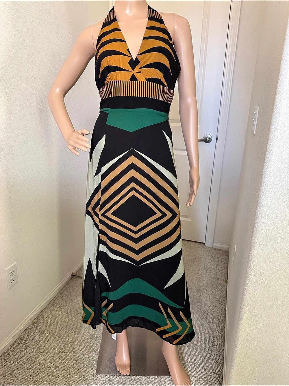 Vince Camuto Geometric Backless Midi Dress in Black & Orange ,  New